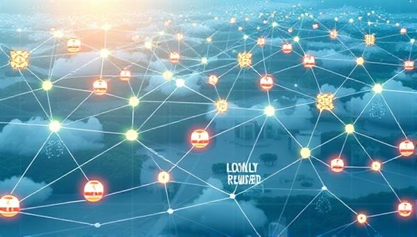 An interconnected blockchain network visualized in a digital landscape, with loyalty reward tokens flowing securely between businesses and customers, symbolizing the transparent and decentralized nature of the loyalty program powered by blockchain technology.