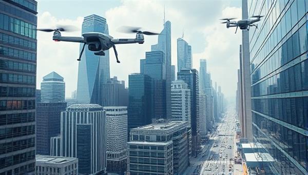 A futuristic cityscape with drones flying overhead, delivering packages to high-rise buildings and bustling streets, showcasing the innovative and efficient delivery system provided by SkyDrop Express, revolutionizing urban logistics and transportation.