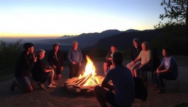 A group of cyclists gathered around a campfire at dusk, sharing stories and laughter after a day of riding through picturesque landscapes, creating a sense of adventure and camaraderie at CycleQuest Camps.