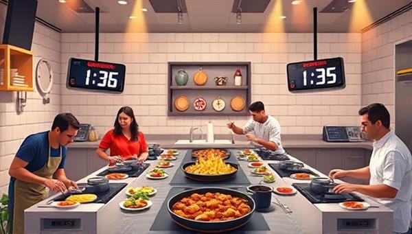 An artistic rendering of a virtual kitchen setting with multiple cooking stations, timers ticking down, and participants engaging in a friendly cooking competition, capturing the excitement and camaraderie of the virtual cooking showdown experience.