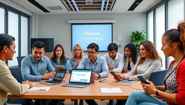 A vibrant and modern virtual classroom setting with diverse individuals engaged in interactive financial learning activities on their devices, symbolizing empowerment and knowledge-sharing.