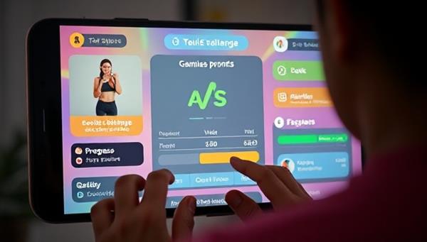 An engaging visual of a user participating in a virtual fitness challenge within the app, featuring gamified exercise prompts, progress trackers, and interactive elements that combine gaming and fitness seamlessly, highlighting the fun and motivational aspects of the app.