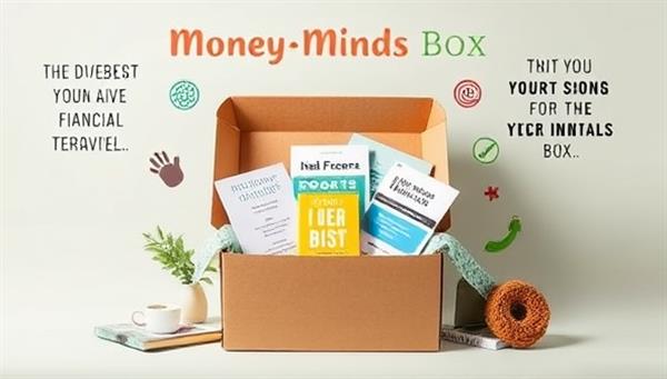 An aesthetically pleasing and inviting visual representation of the MoneyMinds Box subscription service, featuring a beautifully designed box filled with financial literature, tools, and resources, surrounded by motivational quotes and symbols of financial growth and empowerment, conveying a sense of discovery and empowerment for subscribers.