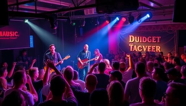 A dynamic music scene featuring a crowded concert venue with a local band performing on stage, enthusiastic fans dancing and cheering, and a vibrant atmosphere of live music discovery and connection with local talent.