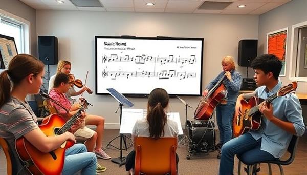 A virtual music lesson scene with a diverse group of students playing different instruments, engaged in learning music theory on a digital whiteboard, and receiving feedback from a music instructor, creating a dynamic and interactive music education environment.
