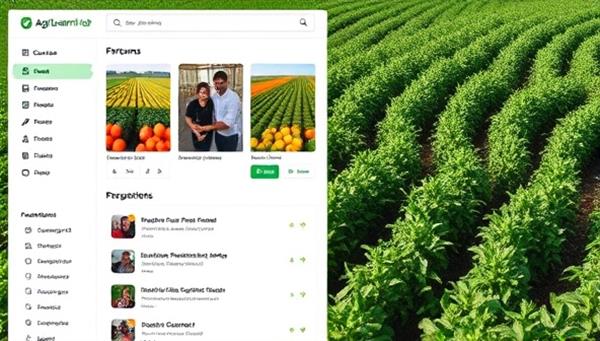 An engaging online platform interface displaying a variety of agricultural courses, vibrant visuals of farms and crops, and a forum section bustling with discussions and knowledge sharing among members, highlighting the educational and interactive nature of AgriLearn Hub.