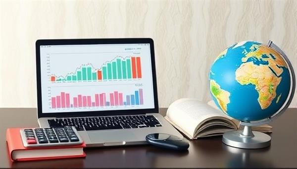 A virtual financial planning session setup with a laptop showing investment graphs, financial planning books, a calculator, and a globe, symbolizing global financial opportunities and wealth management strategies.