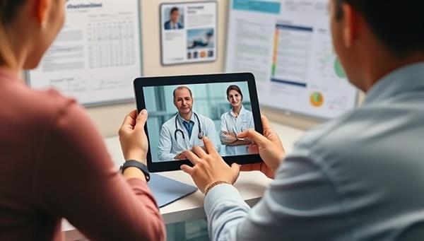 An engaging virtual consultation scene with a doctor and patient interacting via video call on a tablet, surrounded by medical charts and digital health records, projecting professionalism and convenience.