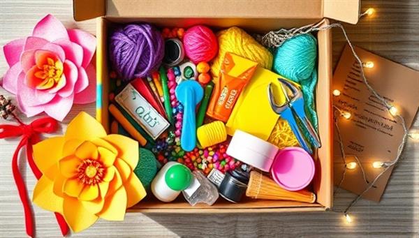 A colorful and vibrant DIY craft kit box filled with assorted materials like yarn, beads, paint, and scissors, accompanied by a beautifully crafted paper flower, a mini sewing kit, and a string of fairy lights, inspiring creativity and artistic expression.