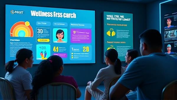 An engaging visual of a virtual wellness coach providing advice on nutrition and exercise to a group of gamers, with colorful infographics and fitness tips displayed on a digital screen, creating a vibrant and health-conscious atmosphere for the gaming community.
