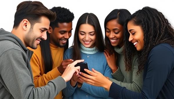 A diverse group of young individuals from different countries gathered around a smartphone, each tapping on the PennyPort app screen with excitement, symbolizing global connectivity and financial empowerment.