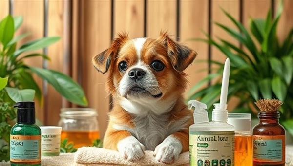 An artistic depiction of a pet enjoying a soothing eco-friendly grooming session surrounded by natural, sustainable grooming products and lush greenery, capturing the essence of gentle care and environmental responsibility in pet pampering.