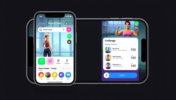 A mobile app interface showcasing a virtual fitness world with avatar customization options, workout challenges, progress tracking features, and social engagement tools, creating an immersive and interactive fitness experience that motivates users to stay active and healthy, blending gaming elements with wellness goals.