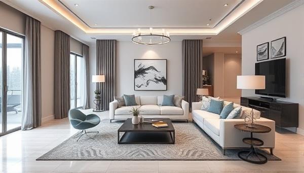 An elegant and modern living room visualization with virtual design elements overlaying the image, showcasing the transformation potential of virtual interior design consultations.