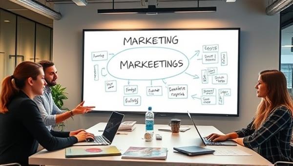 A modern marketing agency environment with team members brainstorming strategies on a digital whiteboard, surrounded by laptops, tablets, and marketing materials, showcasing collaboration and innovation in digital marketing strategy consulting.