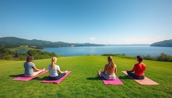 A picturesque retreat setting with serene landscapes, yoga mats laid out on lush green grass, a group of remote workers meditating under a clear blue sky, and a peaceful lake in the background, evoking tranquility and balance.