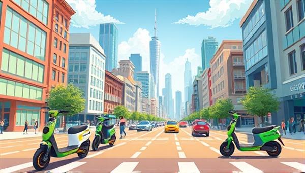 An artistic digital illustration of a vibrant cityscape with electric scooters zipping through bustling streets, illustrating the convenience and eco-friendly nature of scooter rentals offered by EcoScoot.