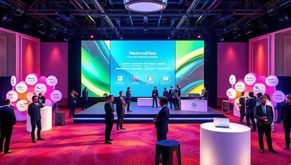 A visually dynamic virtual event setup featuring a digital stage, interactive networking areas, and virtual attendee avatars, showcasing the innovative and immersive nature of the virtual event planning and hosting services.