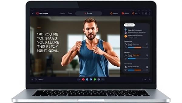 An energetic fitness trainer leading a virtual workout session on a laptop screen, with motivational quotes and progress tracking tools displayed in the background, inspiring users to stay active and connected to their fitness goals.