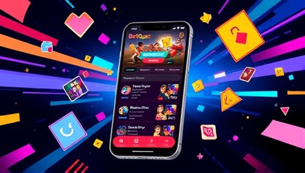 A colorful and dynamic illustration of a mobile phone screen displaying the BetQuest Adrenaline app interface with gamified betting challenges, achievements, and rewards, surrounded by digital elements representing the app
