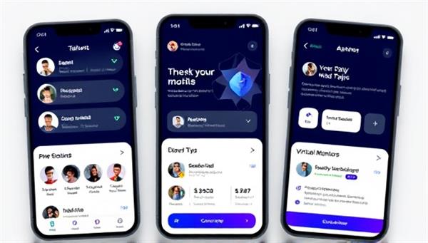 An AI-powered mobile app interface displaying talent profiles, industry connections, and personalized recommendations, with virtual mentorship features and performance feedback options, illustrating the app