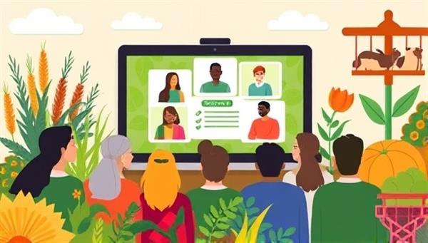 An inspiring digital illustration depicting a diverse group of individuals attending a virtual agricultural webinar, with vibrant visuals of crops, farm animals, and agricultural tools in the background, symbolizing the diverse educational opportunities available at FarmEd Academy.