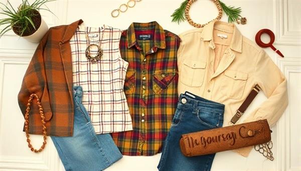 A stylish flat lay featuring a curated selection of thrifted clothing items, accessorized with vintage jewelry and sustainable fashion accessories, arranged on a chic backdrop with plant accents, conveying a message of eco-friendly style and individuality.