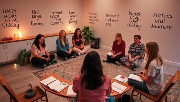 A serene workshop setting with participants sitting in a circle, surrounded by journals, colorful pens, soothing candles, and inspirational quotes on the walls, fostering a calming and introspective environment conducive to mental wellness exploration through journaling.