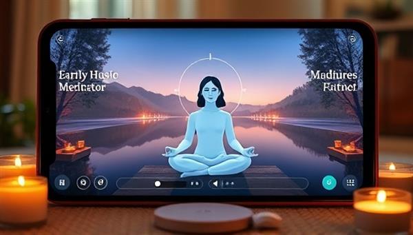 An immersive meditation scene displayed on a digital device featuring serene nature visuals, calming music, and a virtual meditation instructor guiding users through a mindfulness session, surrounded by candles and relaxation aids, creating a tranquil and peaceful virtual environment for meditation practice.