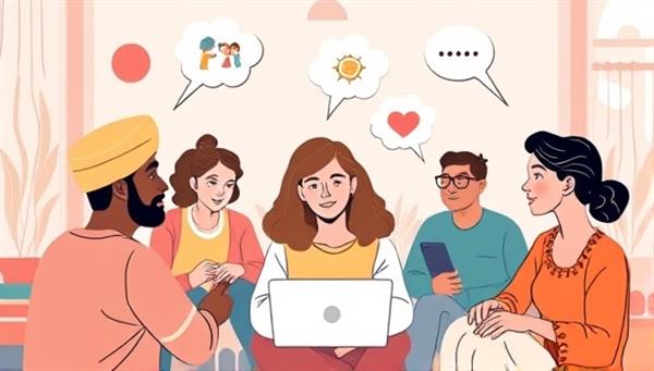 A digital illustration of diverse individuals engaging in a virtual group therapy session, sharing their thoughts and experiences in a supportive online environment, symbolizing the concept of an online mental health support community.
