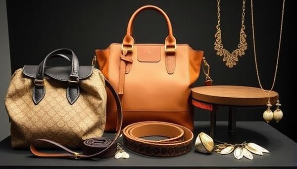 A fashionable display of sustainable accessories, including chic handbags, stylish belts, and elegant jewelry pieces, crafted from recycled materials and organic fibers, embodying the fusion of style and sustainability in fashion choices.