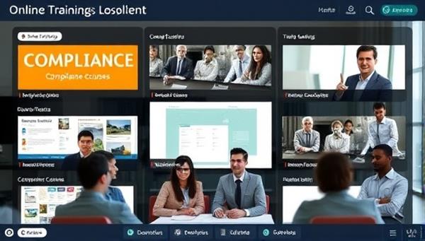 An online training portal interface showcasing a variety of compliance courses, interactive modules, and downloadable resources, with a diverse group of government contractors engaging in a virtual training session, representing convenience and professionalism.
