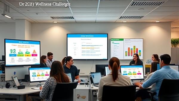 An office setting with employees engaged in a virtual wellness challenge displayed on computer screens, teams competing in step challenges and healthy habit tasks, a leaderboard showing progress and achievements, and a vibrant and energetic atmosphere reflecting the positive impact of WellQuest