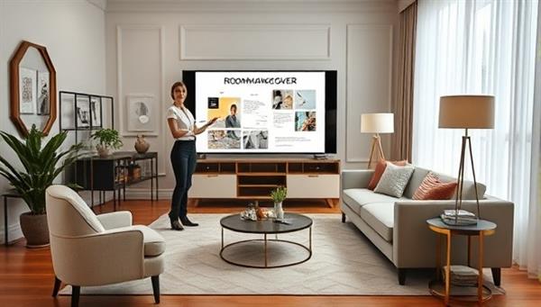 An elegant virtual design studio setup with an interior designer presenting a room makeover concept, mood boards, and décor samples on a digital screen, surrounded by stylish furniture and design elements, creating a sophisticated and inspiring design atmosphere.