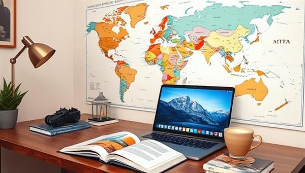 A cozy home office setup with a world map on the wall, travel books on a desk, a laptop displaying exotic destinations, and a cup of coffee, evoking a sense of wanderlust and travel inspiration.