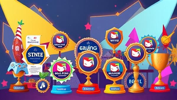 An artistic showcase of various competition categories, including visual art, writing, coding, and gaming, with digital badges and trophies symbolizing skill achievements, creating a vibrant and dynamic visual representation of SkillShowdown