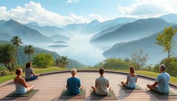 A serene virtual retreat setting with soothing nature backgrounds, calming music, and a diverse group of participants engaging in meditation and mindfulness practices, creating a tranquil and harmonious online environment for inner healing.