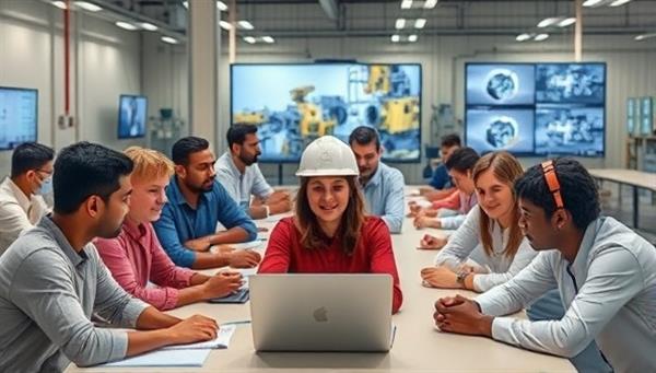 A diverse group of virtual learners attending an online manufacturing training session, interacting with instructors and digital tools, with virtual factory simulations in the background, illustrating the immersive and educational nature of the program.