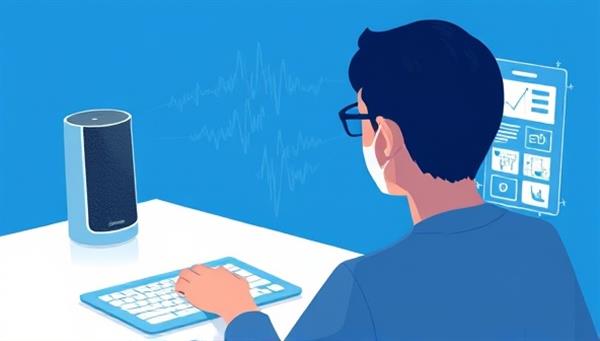 An artistic representation of a person using VoiceDesign Pro to design a website through voice commands, with a smart speaker and a digital interface displaying design elements and changes based on the user