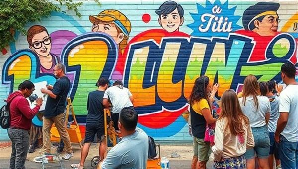 An image of a community mural in progress, with artists painting a vibrant and engaging design that incorporates branding elements for a local business, surrounded by a diverse group of community members contributing to the artwork, fostering a sense of unity and collaboration.