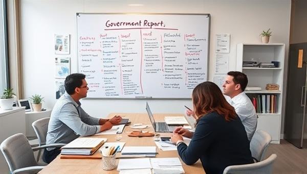 An office setup with Gov scribes team members brainstorming content ideas for a government report, surrounded by research materials, writing tools, and a whiteboard filled with key messaging points, symbolizing expertise and creativity in government writing services.