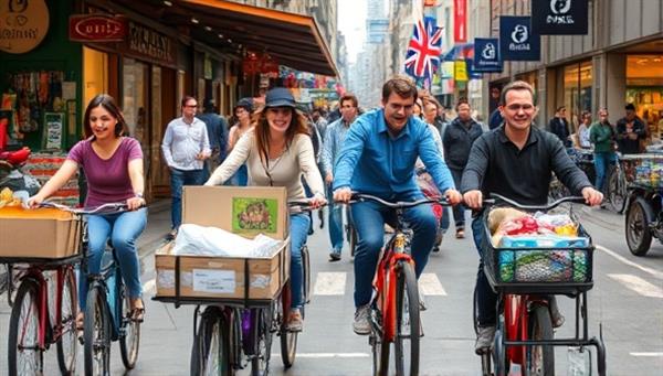 A diverse group of individuals riding cargo bikes loaded with groceries, packages, and children through a bustling city market, showcasing the convenience and eco-friendly nature of cargo bike transportation.