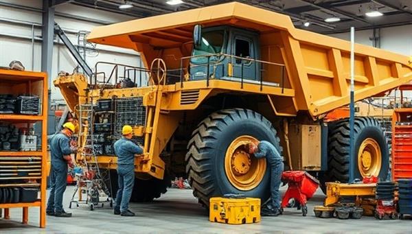 An engaging visual of a team of technicians meticulously repairing a large mining truck, with tools and spare parts neatly organized in the background, illustrating the precision and expertise of the equipment repair process.