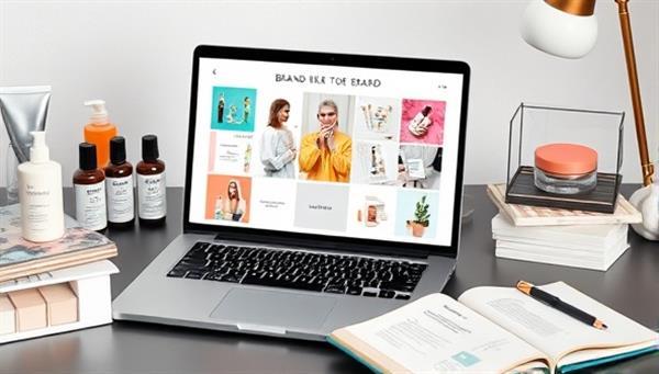A sleek digital workspace with a laptop displaying a brand mood board, surrounded by beauty product samples, marketing materials, and a notepad with strategic planning notes, symbolizing creativity and professionalism in beauty brand consulting.