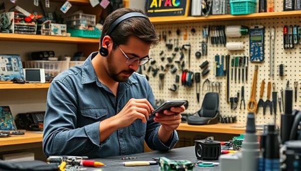 A workshop setting with a technician skillfully repairing a smartphone while surrounded by shelves of electronic components, tools, and upcycled tech creations, showcasing the blend of technical expertise and creative innovation in transforming old devices into functional and stylish gadgets.