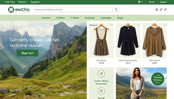 An online marketplace interface showcasing a collection of stylish and eco-friendly clothing items made from sustainable materials, accompanied by images of natural landscapes and eco-conscious fashion statements, embodying the essence of EcoChic Threads