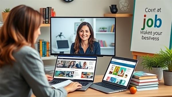 A virtual career coaching session with a professional coach providing advice and guidance to a client via video call, surrounded by career development books, a laptop displaying job search websites, and motivational quotes, illustrating the supportive and empowering nature of virtual career coaching services.