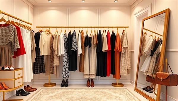 An elegant virtual fitting room setup with a variety of clothing racks, accessories, and a mirror reflecting stylish outfit choices, conveying the essence of personal style transformation and fashion exploration in a virtual styling consultation, inspiring clients to redefine their fashion identity.