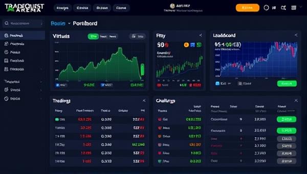 An interactive trading dashboard displaying virtual stock portfolios, leaderboard rankings, and trading challenges within the TradeQuest Arena platform, highlighting the gamified and educational aspects of the investment trading experience.