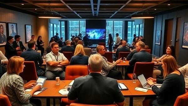 A virtual networking lounge setup with professionals engaging in conversations, exchanging virtual business cards, and attending virtual workshops, creating a dynamic and interactive space for online networking and professional development.